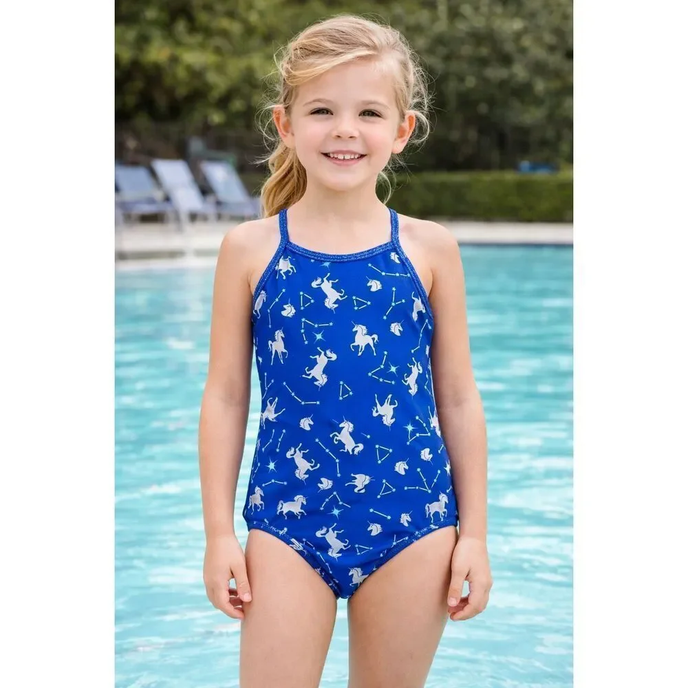 SO Girls Blue Unicorn Constellation Swimsuit 6 6X One Piece Sparkle Strappy Back